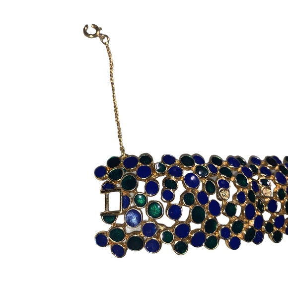 Vintage bracelet, gold with blue and green enamel decoration. 8”x1.5” - Picture 4 of 8